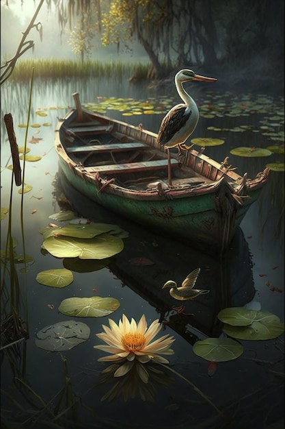 A painting of a boat and a bird on the water