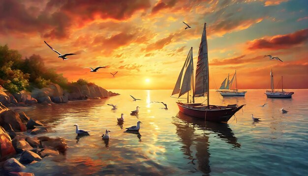 a painting of a boat and birds flying in the sky