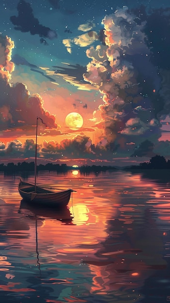 painting of a boat floating on a lake at sunset with a full moon generative ai