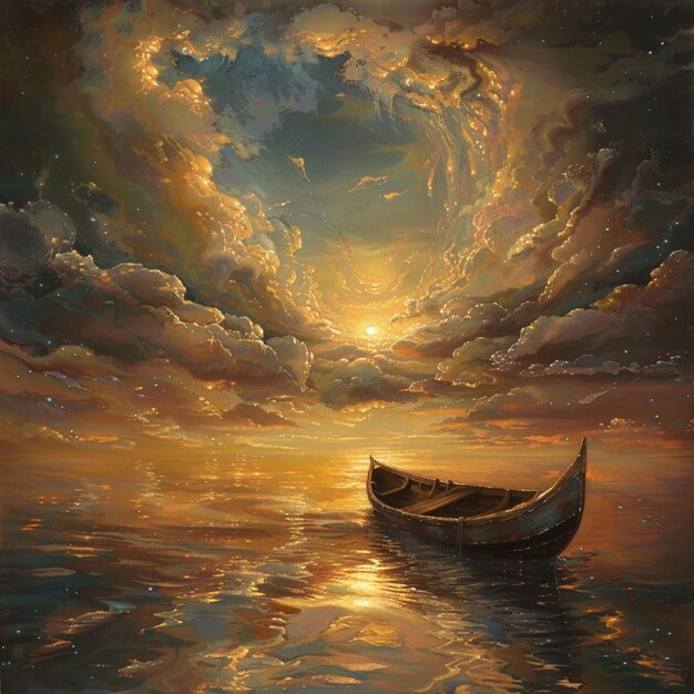 painting of a boat floating in the ocean with a sunset in the background generative ai