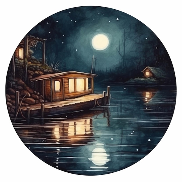 Painting of a boat on a lake at night with a full moon generative ai