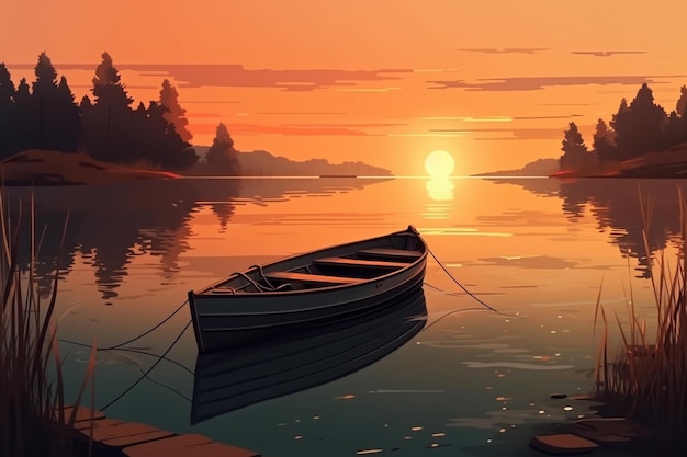 A painting of a boat on a lake at sunset Generative AI