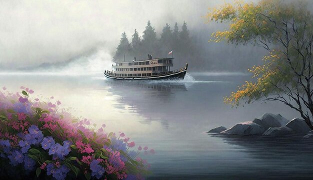 A painting of a boat on a lake with flowers and trees.