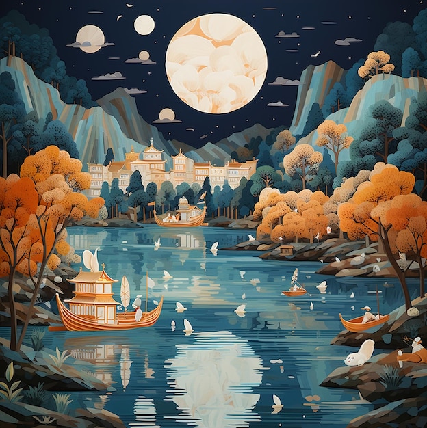 a painting of a boat and a lake with a full moon in the background.