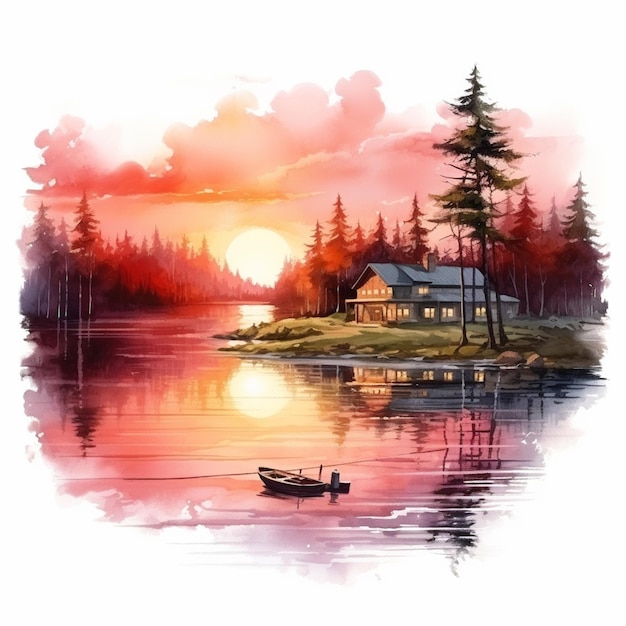 painting of a boat on a lake with a house in the background generative ai