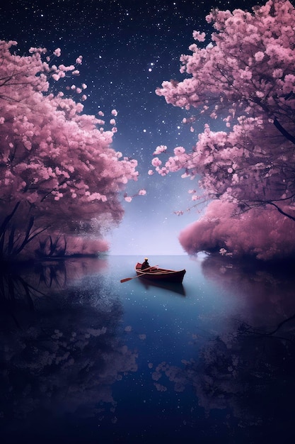 A painting of a boat on a lake with pink flowers