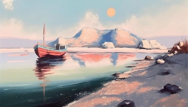 A painting of a boat on a lake with the sun on the horizon.