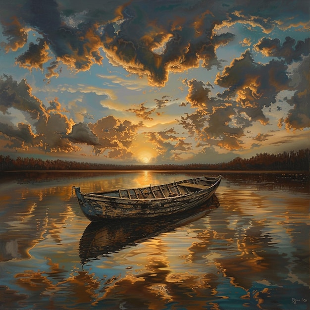 painting of a boat on a lake with a sunset in the background generative ai