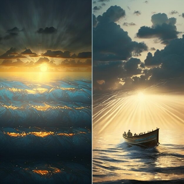 A painting of a boat on the ocean and the sun is shining on the horizon.