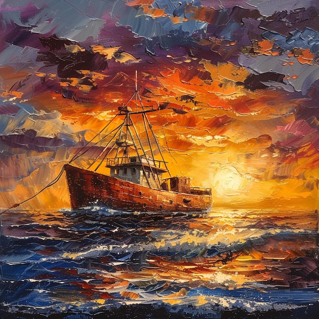 painting of a boat in the ocean at sunset with a cloudy sky generative ai