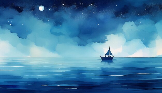 a painting of a boat in the ocean with the moon in the background