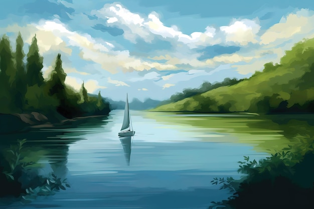 A painting of a boat on a river with a cloudy sky in the background.