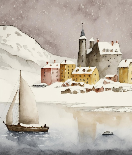 A painting of a boat in a snowy harbor