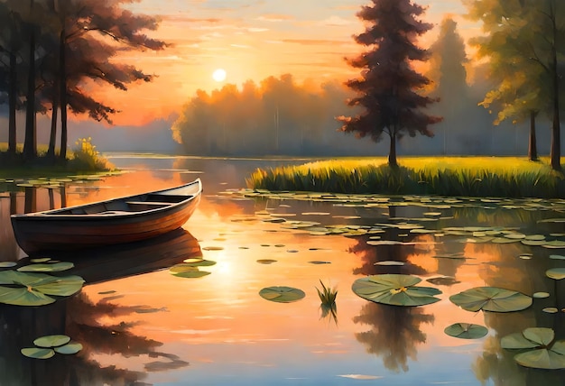 a painting of a boat and a sunset on a lake