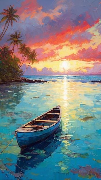 A painting of a boat on the water with palm trees in the background.