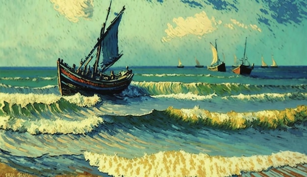 A painting of a boat on the water with the word sea on the bottom.