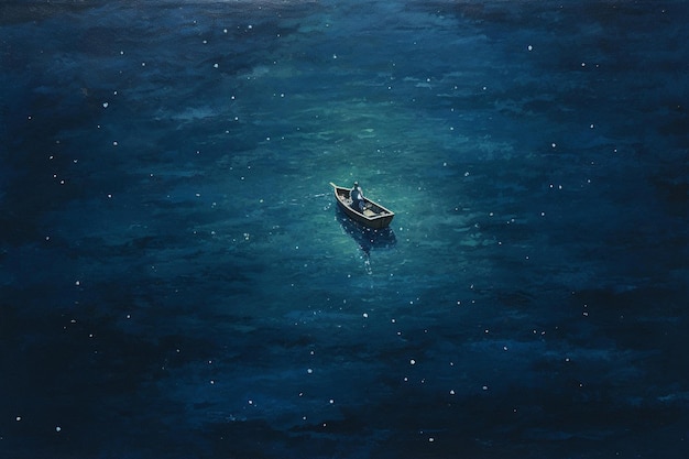 A painting of a boat in the water