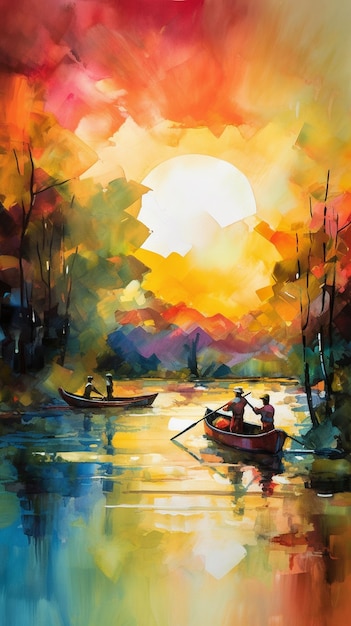 A painting of a boat with a large sun in the background.