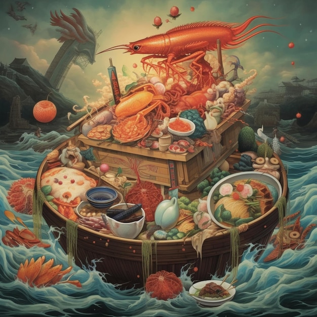 Painting of a boat with a lobster and other food items on it generative ai