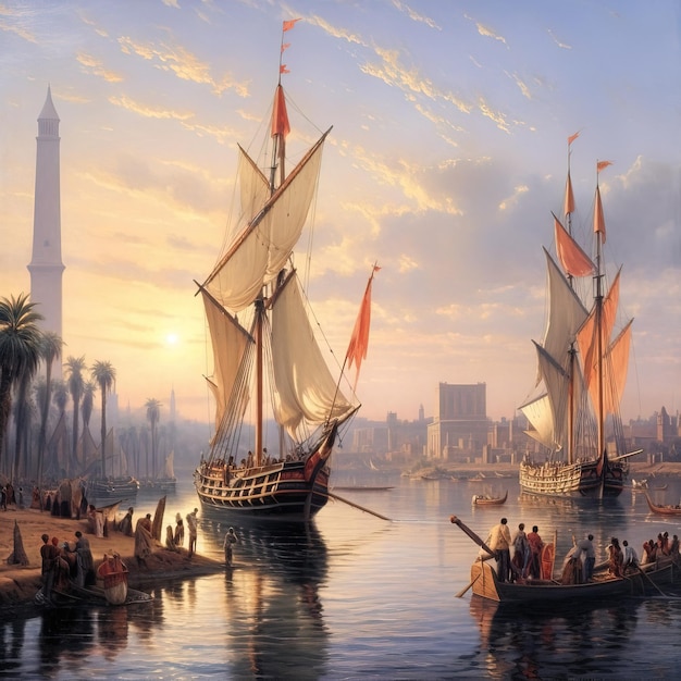 A painting of a boat with a red sail and a city in the background