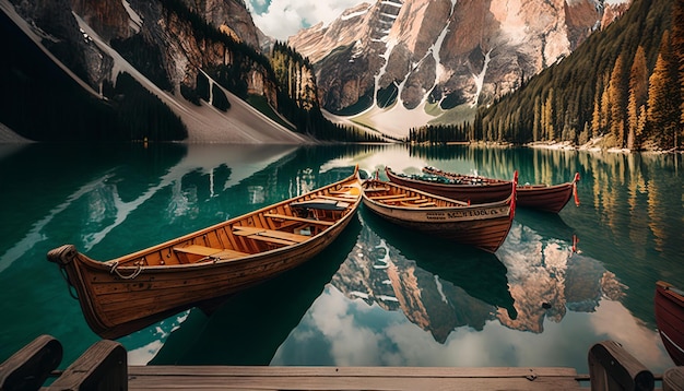 A painting of boats on a lake with mountains in the background