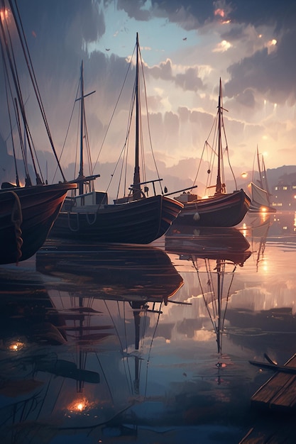 A painting of boats on the water with the lights reflecting on them.