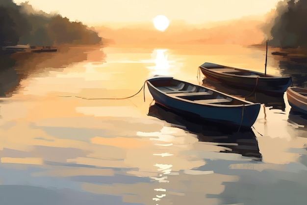 A painting of boats on the water with the sun setting behind them.