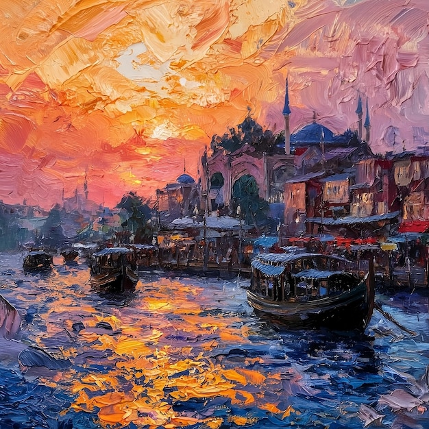 a painting of boats in the water with a sunset sky in the background