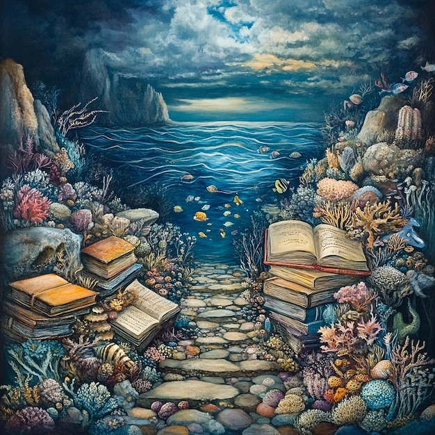 Photo a painting of a book called the ocean with a book called quot the sea quot