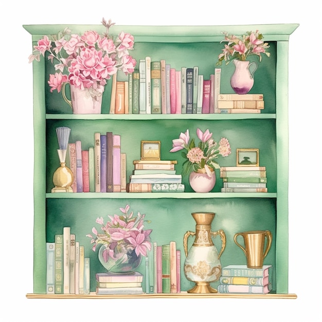 Painting of a book shelf with books generative ai