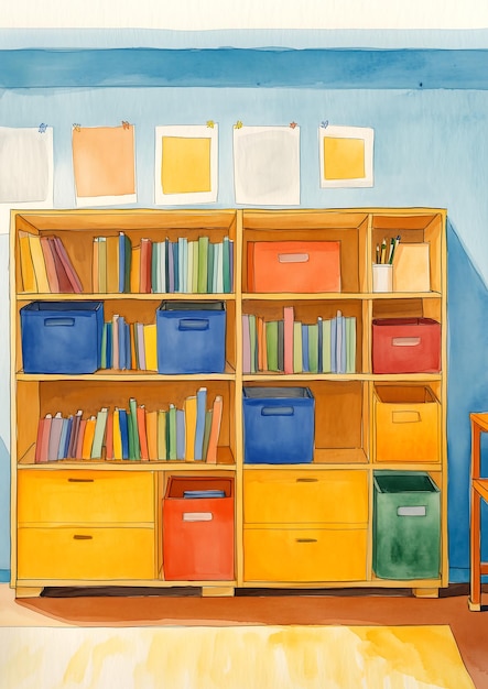 Photo a painting of a bookcase with a blue wall and orange bins