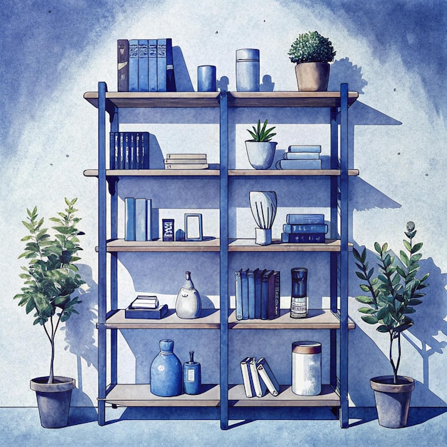 Photo a painting of a bookcase with plants and pots on it