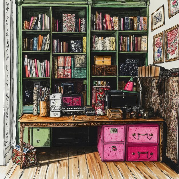 Photo a painting of a bookcase with the words  im aon it  on the bottom