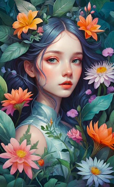 a painting of a botanical girl with flowers leaves and plants soft vibrant colors