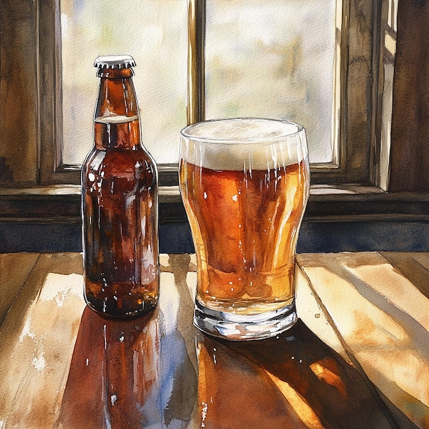 a painting of a bottle of beer and a glass of beer