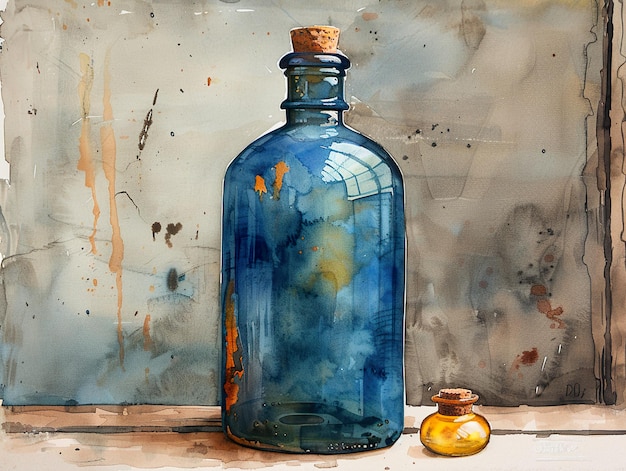 a painting of a bottle and a bottle of gold and a small gold coin