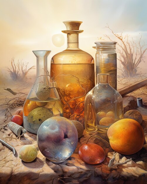 A painting of a bottle of oil, a bottle of orange juice, a bottle of orange juice, and a glass bottle of orange juice.