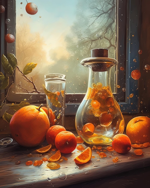 A painting of a bottle of orange juice and a glass of water.