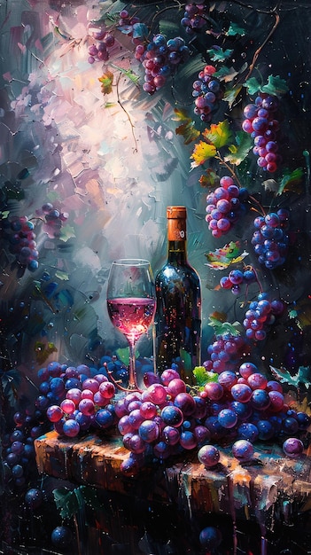 a painting of a bottle of wine and a glass of wine