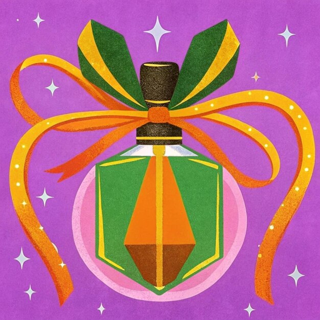 a painting of a bottle with a ribbon around it