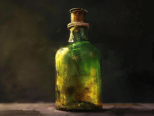 a painting of a bottle of yellow liquid with the word  b  on it