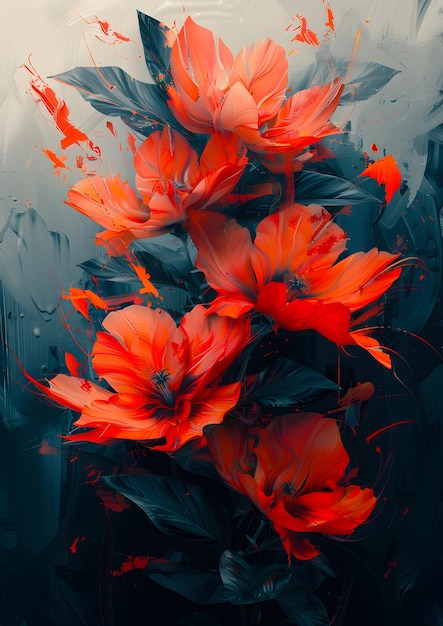 A painting of a bouquet of red flowers with a blue background