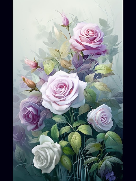 painting of a bouquet of roses with leaves and flowers in the background generative ai