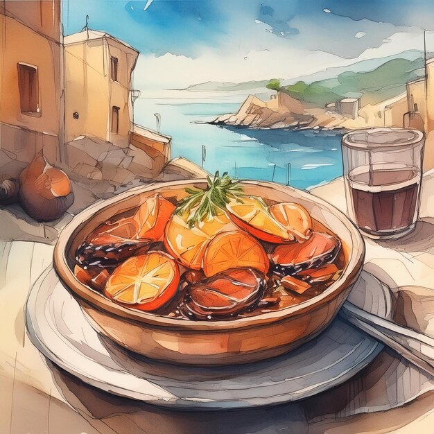 a painting of a bowl of food with a picture of a sea and a building in the background