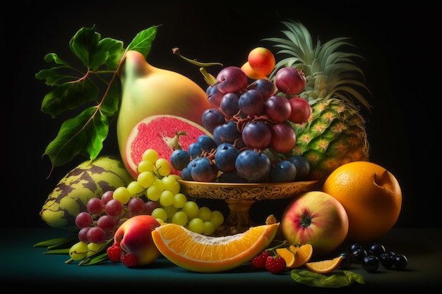 Painting of bowl of fruit on table Generative AI