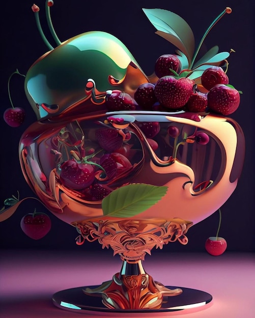 A painting of a bowl of fruit with a green leaf on the bottom.