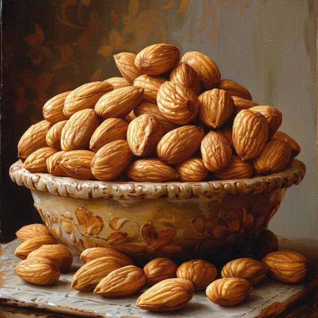 a painting of a bowl of walnuts with a painting of a walnut