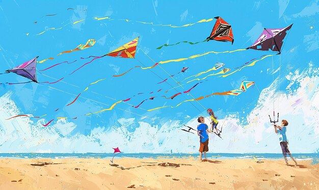 Photo a painting of a boy and a boy on a beach with a kite flying in the sky