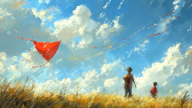 a painting of a boy flying a red kite with the words  i love you  on the bottom