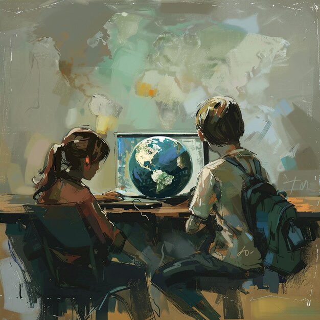 Photo a painting of a boy and girl looking at a computer monitor